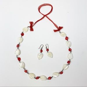 Pearl&Coral Handmade Necklace & Earrings Set